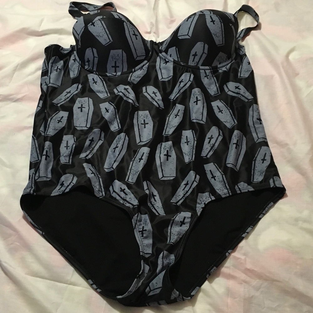 Sourpuss GOTH Black One-Piece Swimsuit with Gray Coffin Print